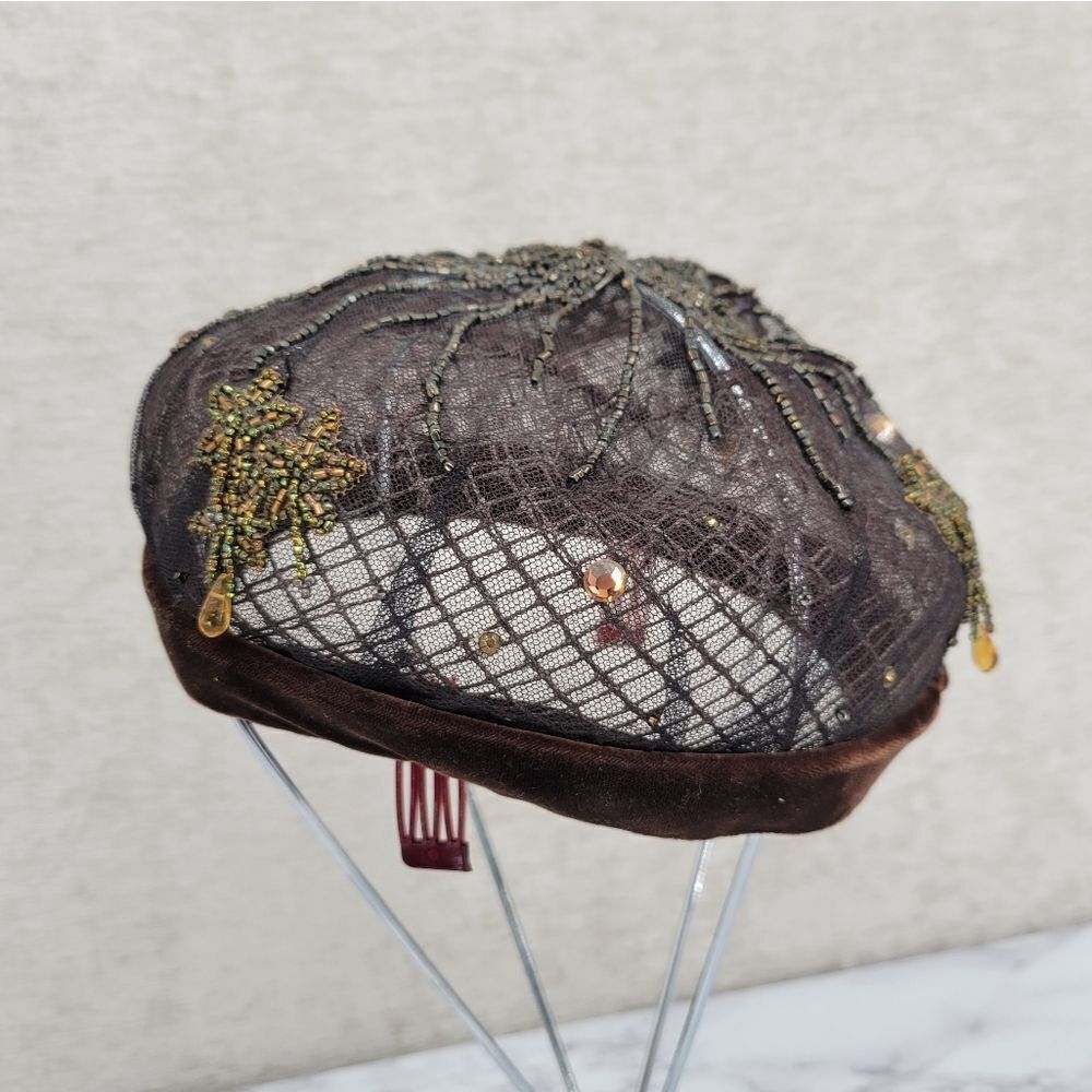 50s Tambour Embroidery Beaded Women's Hat Facinator Pillbox Mesh - Picture 3 of 16